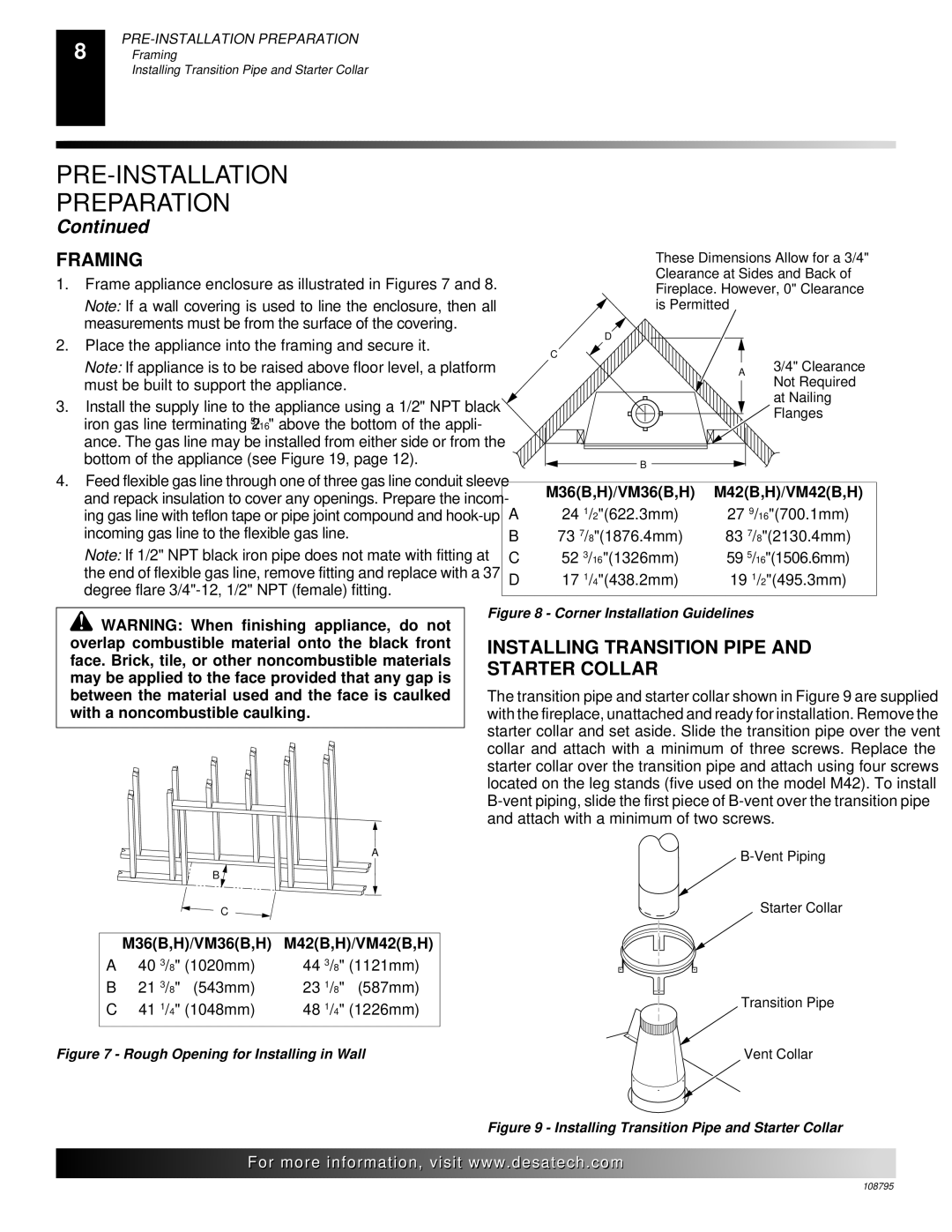 Desa M42, VM36 installation manual Framing, Installing Transition Pipe and Starter Collar 