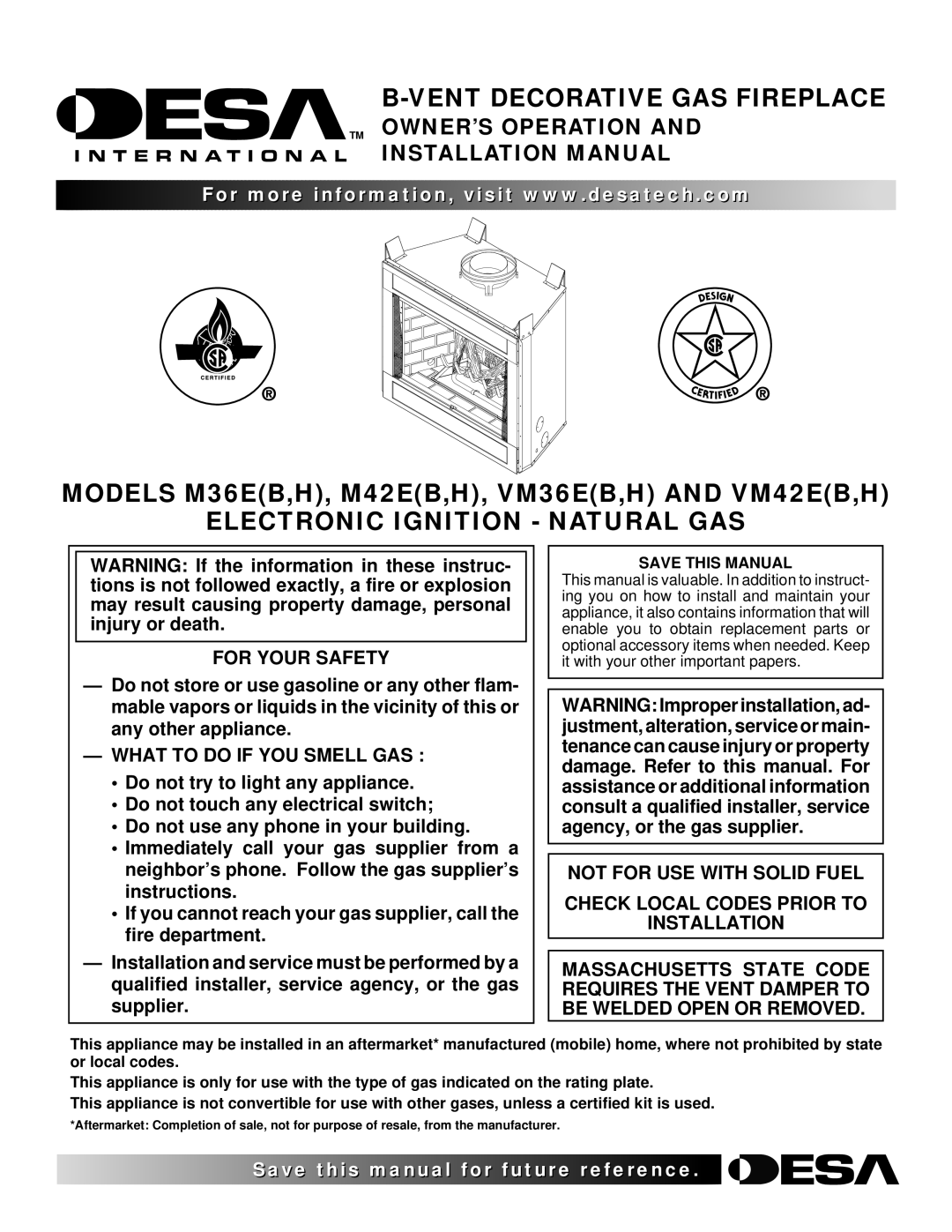 Desa VM36E, VM42E installation manual Vent Decorative GAS Fireplace, Electronic Ignition Natural GAS, For Your Safety 