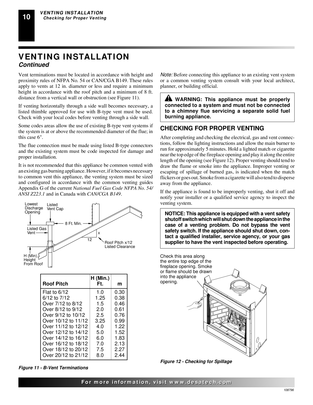 Desa VM36E, VM42E installation manual Checking for Proper Venting, Min Roof Pitch 