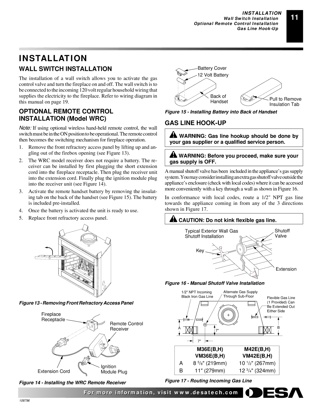 Desa VM42E, VM36E installation manual Wall Switch Installation, Optional Remote Control, GAS Line HOOK-UP 