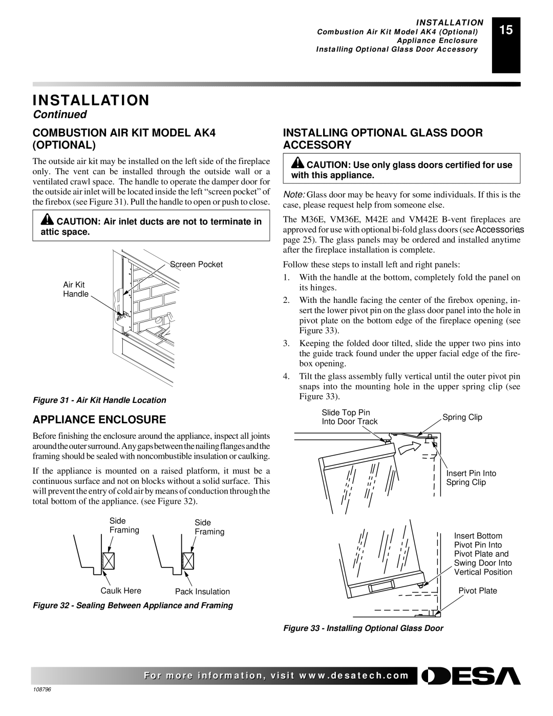 Desa VM42E, VM36E Combustion AIR KIT Model AK4 Optional, Appliance Enclosure, Installing Optional Glass Door Accessory 