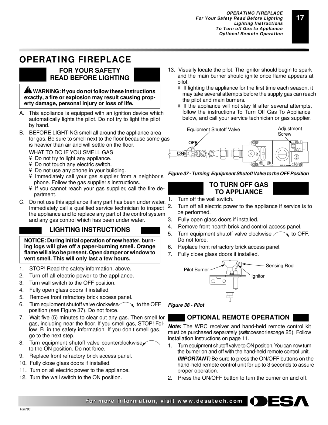 Desa VM36E Operating Fireplace, For Your Safety Read Before Lighting, Lighting Instructions, To Turn OFF GAS To Appliance 