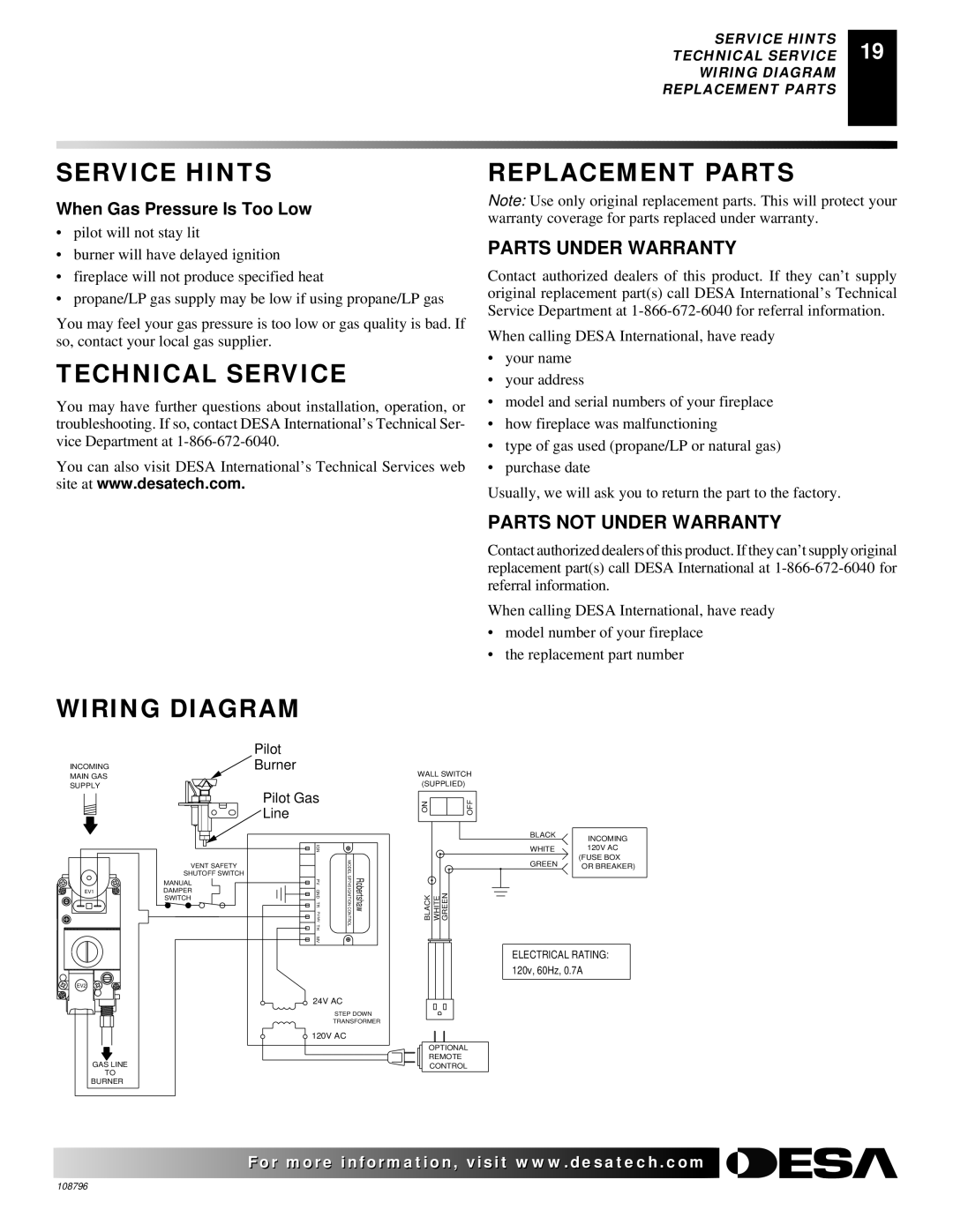 Desa VM42E, VM36E Service Hints, Technical Service, Replacement Parts, Wiring Diagram, Parts Under Warranty 