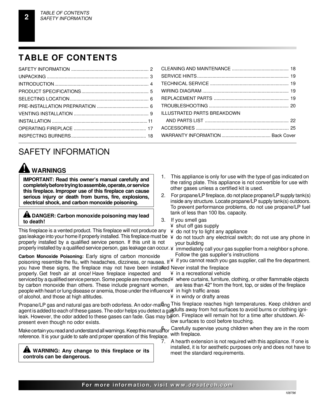 Desa VM36E, VM42E installation manual Table of Contents, Safety Information 