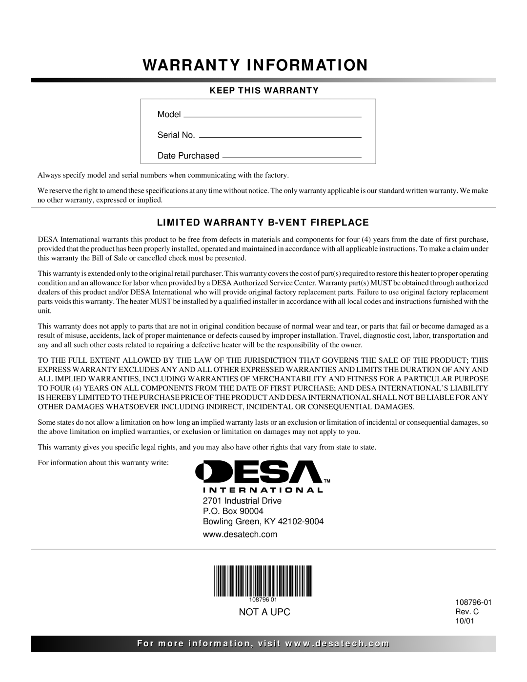 Desa VM36E, VM42E installation manual Warranty Information 