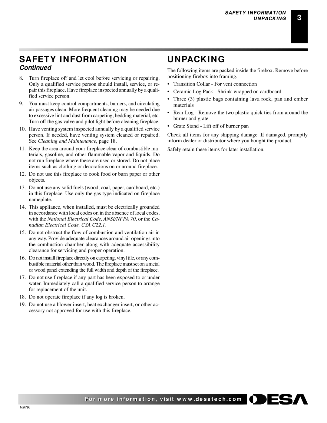 Desa VM42E, VM36E installation manual Unpacking 