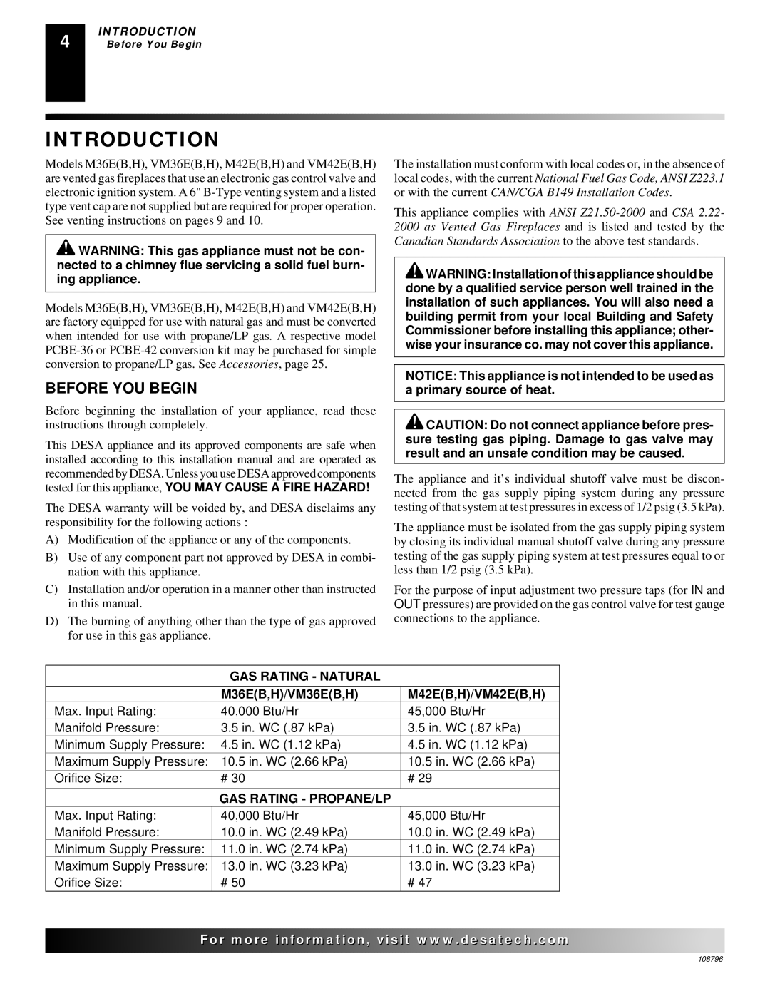 Desa installation manual Introduction, Before YOU Begin, M36EB,H/VM36EB,H M42EB,H/VM42EB,H 