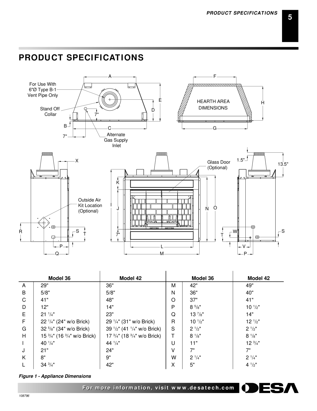 Desa VM36E, VM42E installation manual Product Specifications, Model 