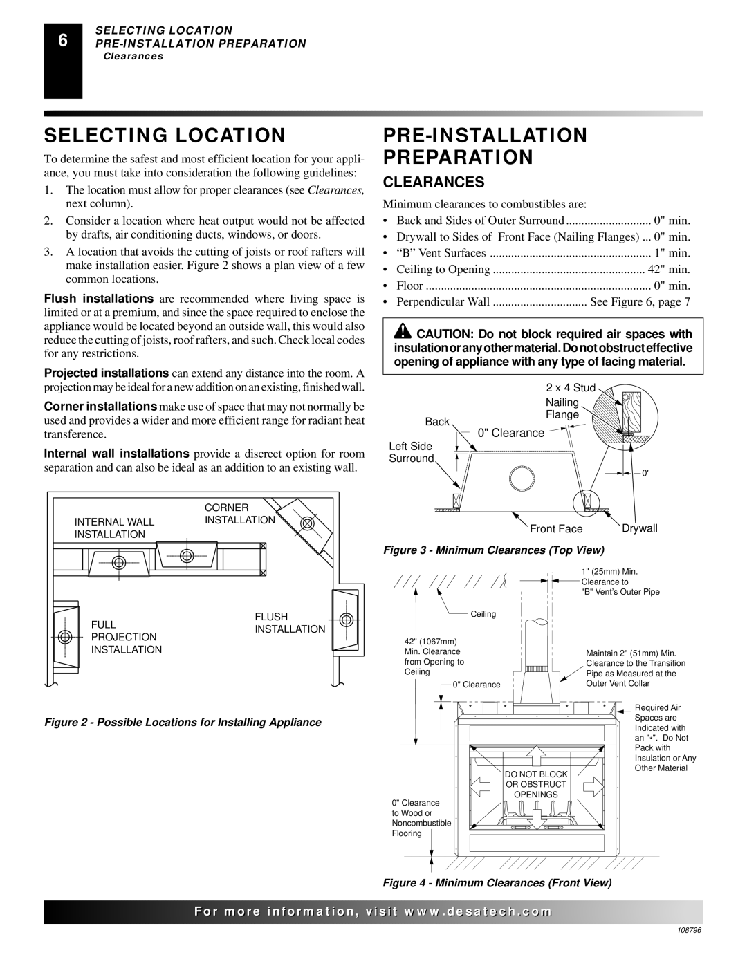 Desa VM36E, VM42E installation manual Selecting Location, PRE-INSTALLATION Preparation, Clearances 