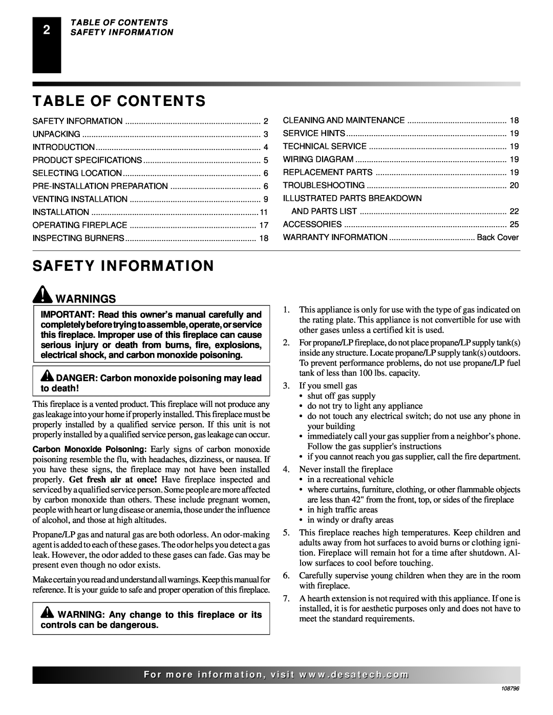 Desa VM36E, VM42E installation manual Table Of Contents, Safety Information, Warnings 