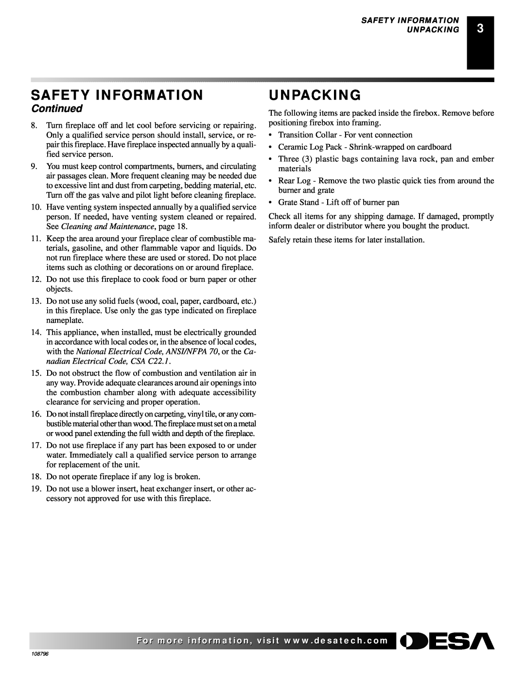 Desa VM42E, VM36E installation manual Unpacking, Continued, Safety Information 