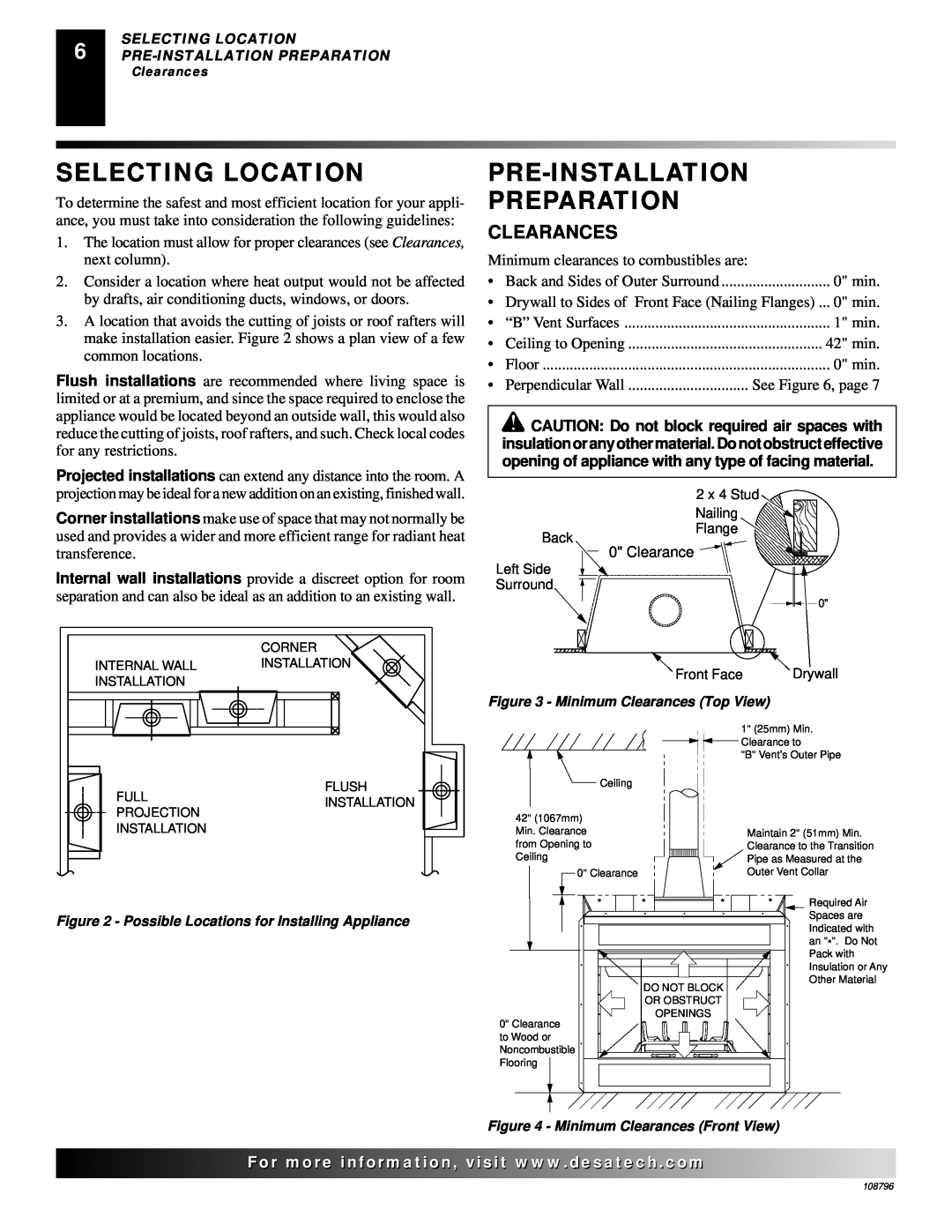 Desa VM36E, VM42E installation manual Selecting Location, Pre-Installation Preparation, Clearances 