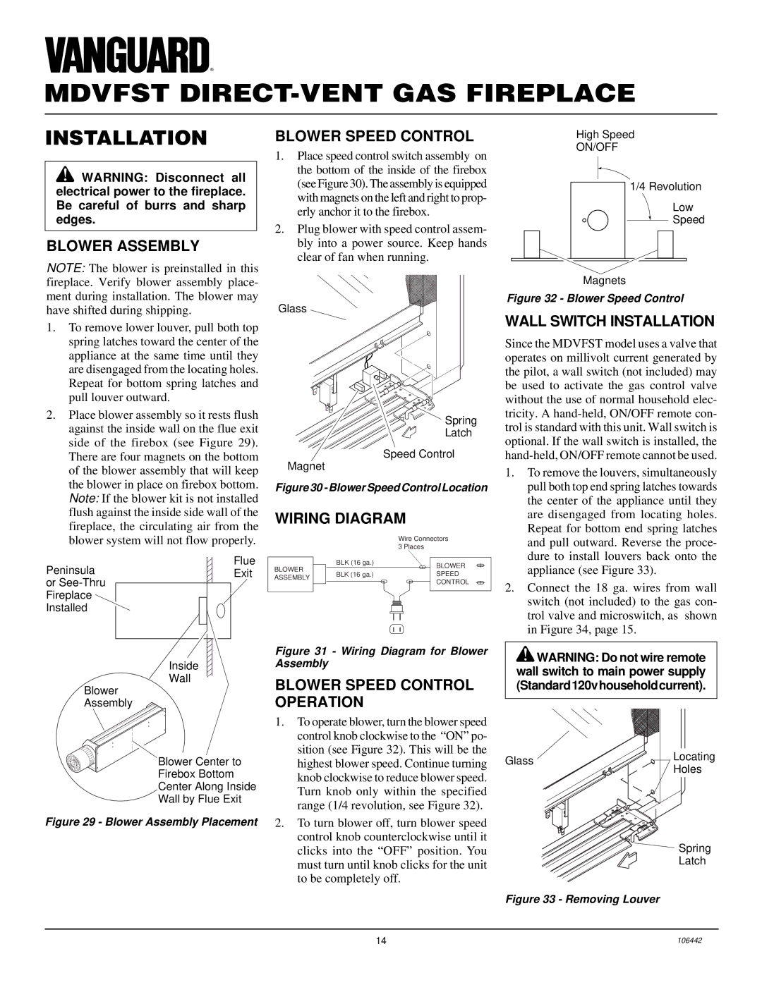 Desa MDVFST Blower Assembly, Wiring Diagram, Blower Speed Control Operation, Wall Switch Installation 