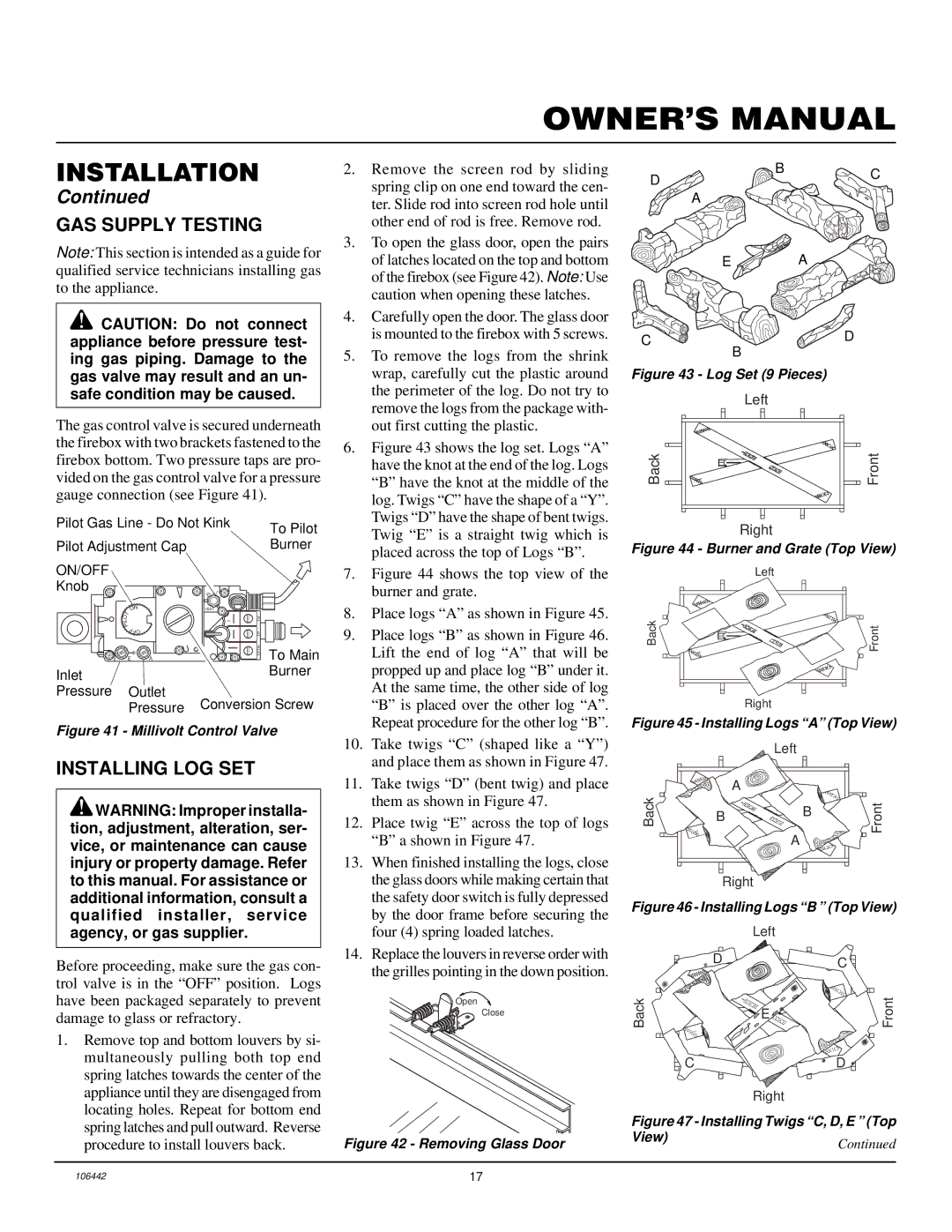 Desa MDVFST installation manual GAS Supply Testing, Installing LOG SET 