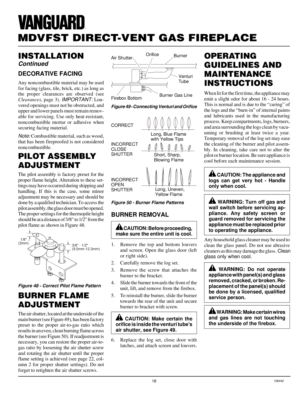 Desa MDVFST Operating Guidelines, Maintenance Instructions, Pilot Assembly Adjustment, Burner Flame Adjustment 