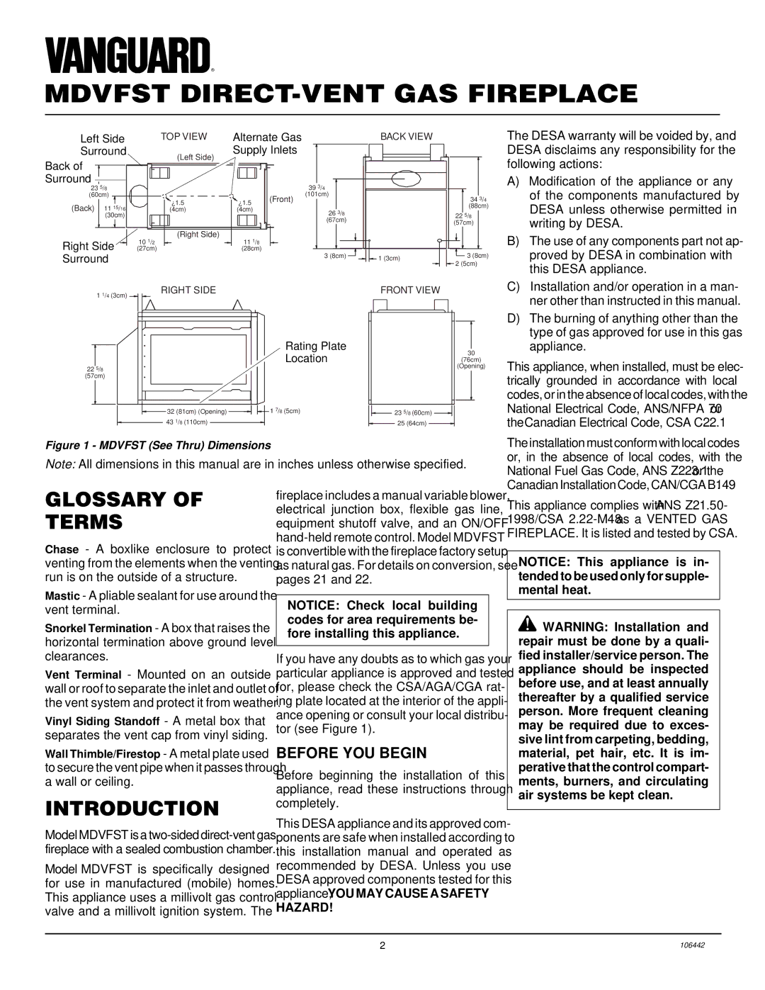 Desa MDVFST installation manual Glossary Terms, Introduction, Before YOU Begin 