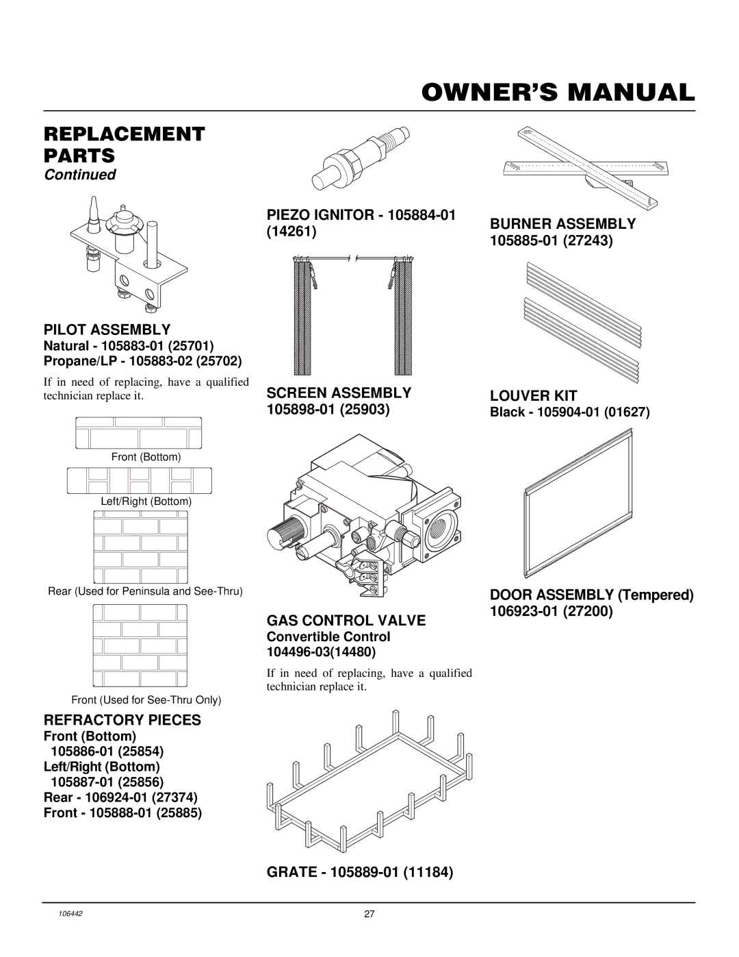 Desa MDVFST installation manual Pilot Assembly, Refractory Pieces, GAS Control Valve 