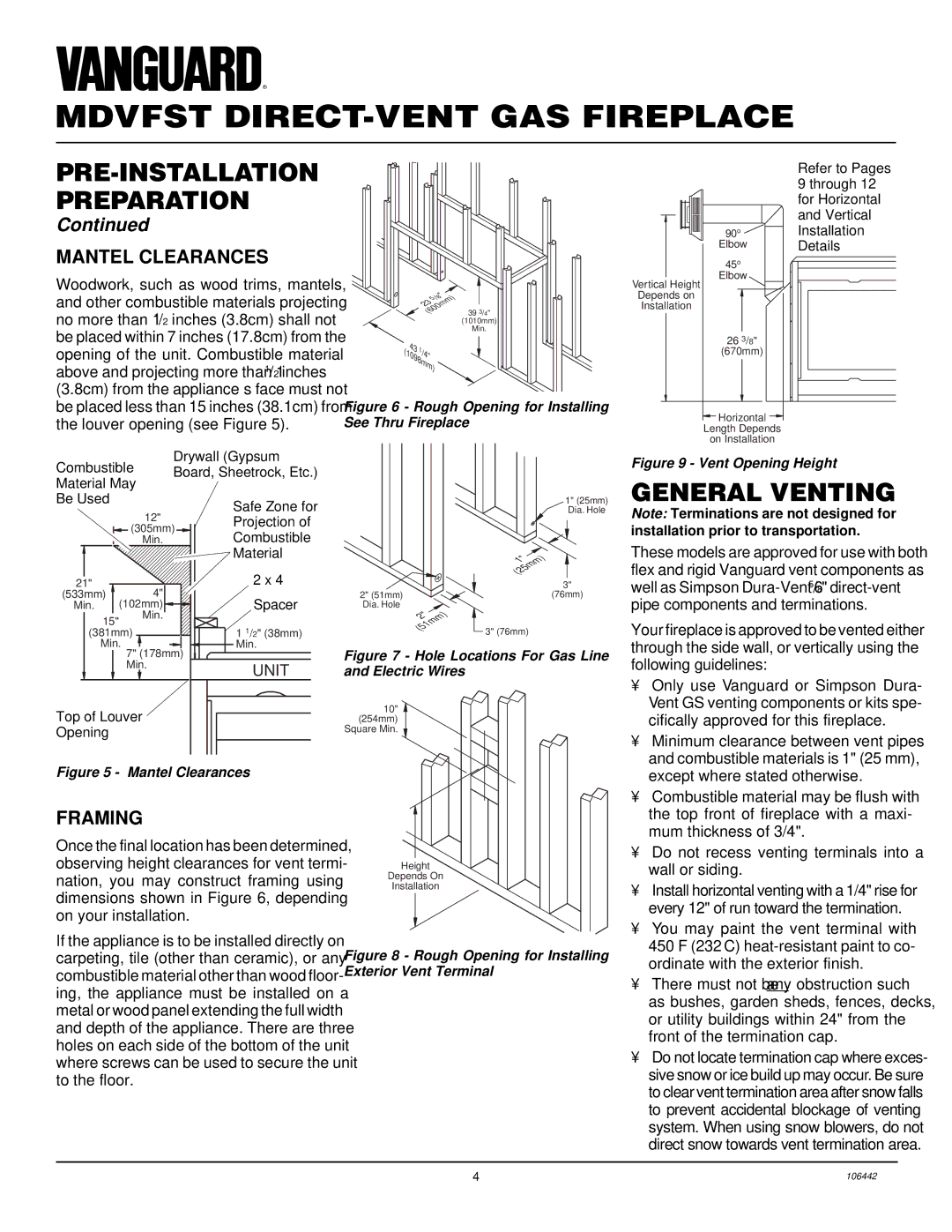 Desa MDVFST installation manual General Venting, Mantel Clearances, Framing 