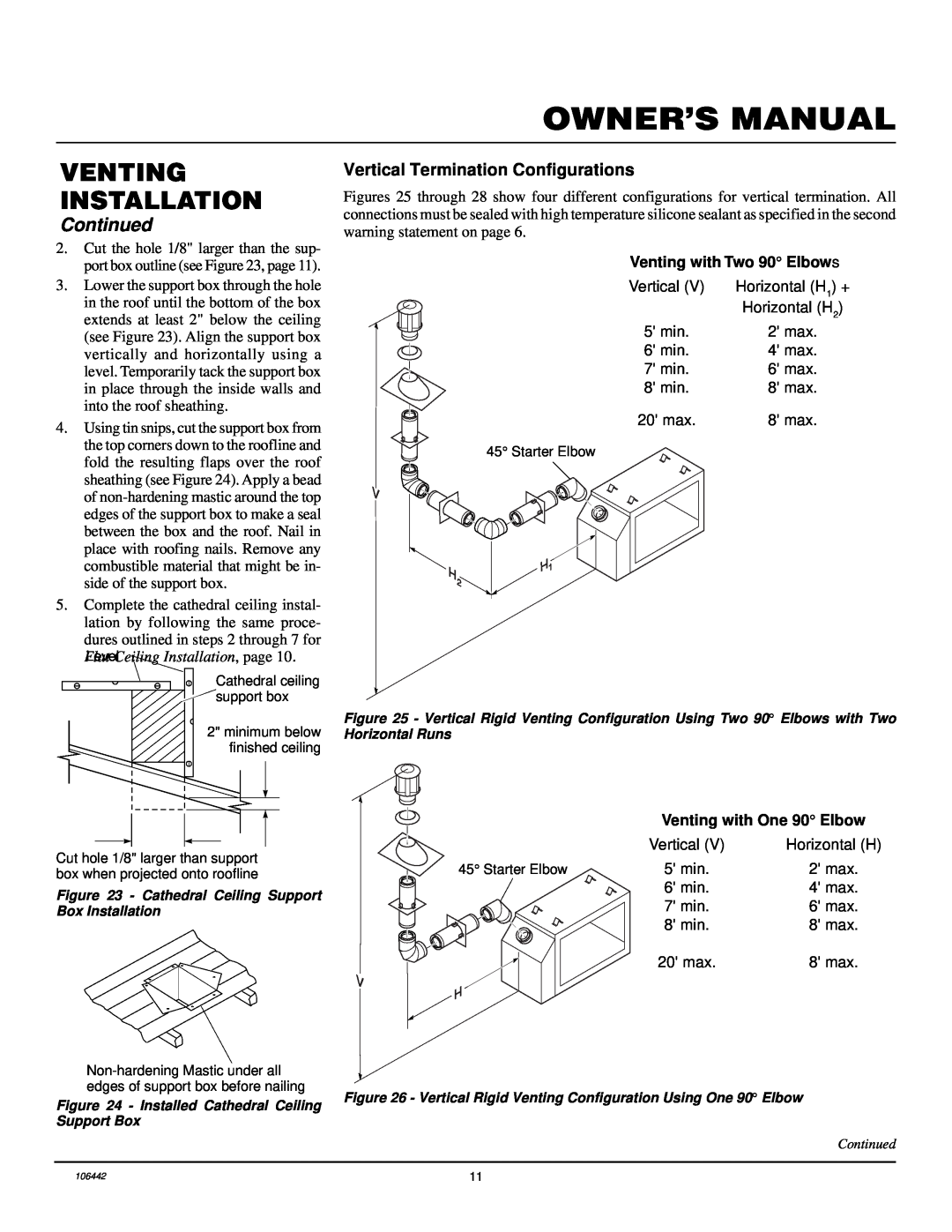 Desa MDVFST Vertical Termination Configurations, Venting with One 90 Elbow, Venting Installation, Continued 