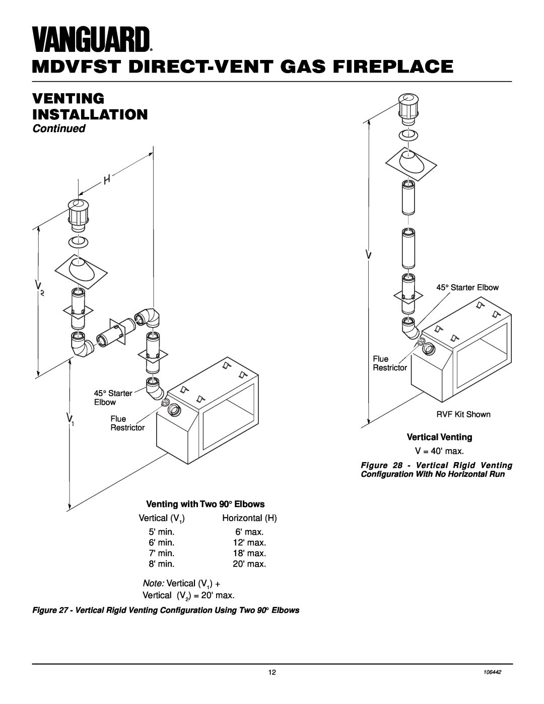Desa MDVFST Vertical Venting, Mdvfst Direct-Ventgas Fireplace, Venting Installation, Continued, Venting with Two 90 Elbows 