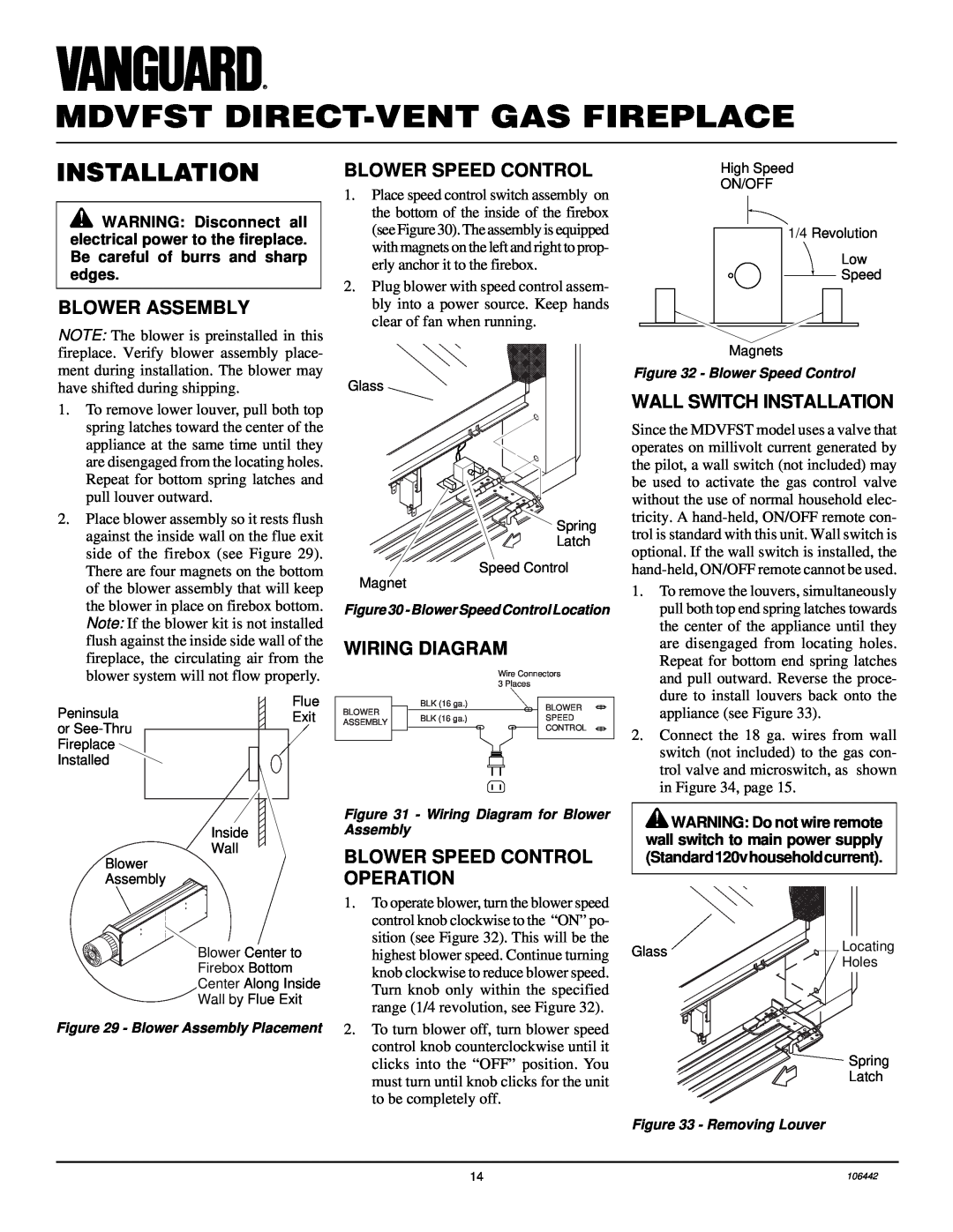 Desa MDVFST Blower Assembly, Wiring Diagram, Blower Speed Control Operation, Wall Switch Installation 
