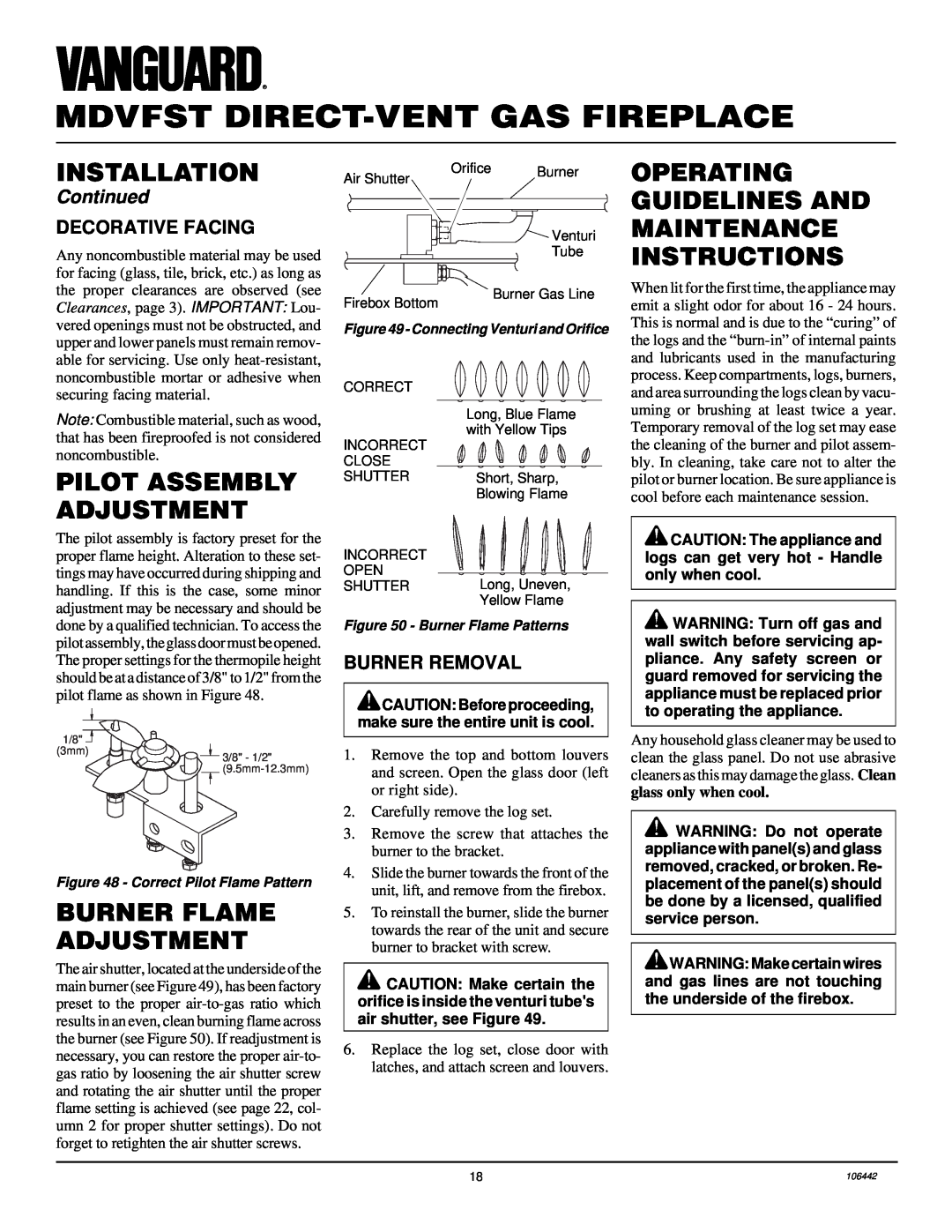 Desa MDVFST Operating Guidelines And, Maintenance Instructions, Pilot Assembly Adjustment, Burner Flame Adjustment 