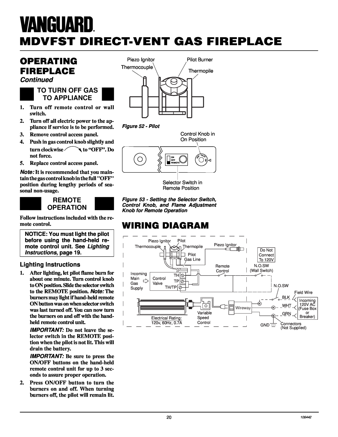 Desa MDVFST Wiring Diagram, To Turn Off Gas To Appliance, Remote Operation, Lighting Instructions, Operating Fireplace 