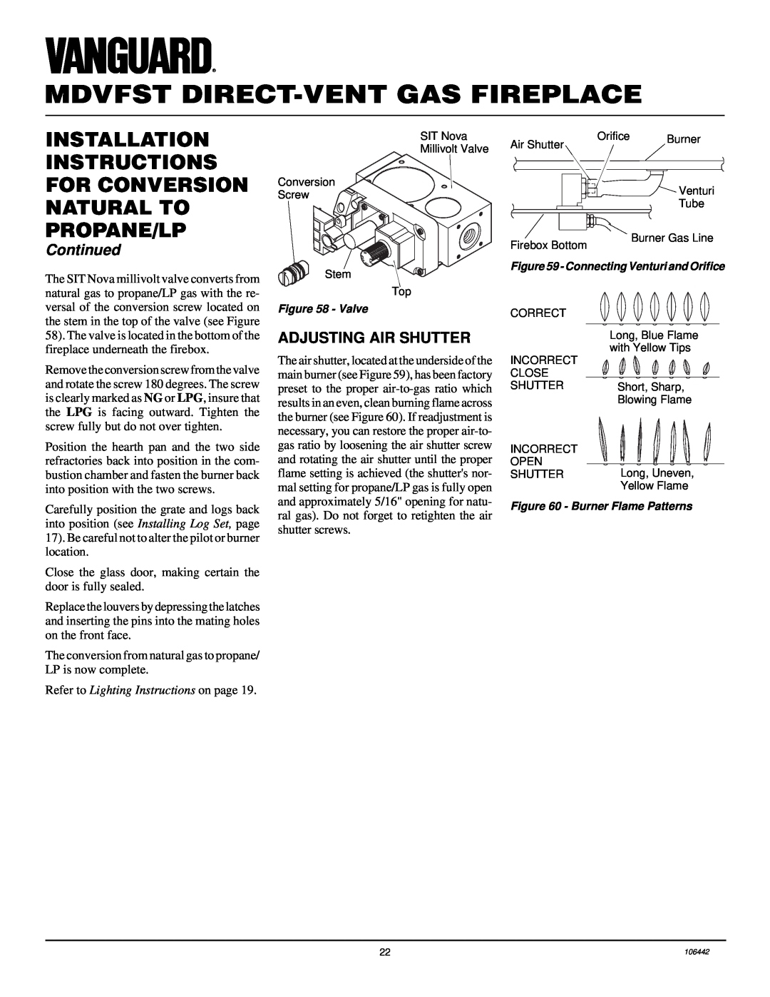 Desa MDVFST Installation Instructions, For Conversion Natural To Propane/Lp, Adjusting Air Shutter, Continued 