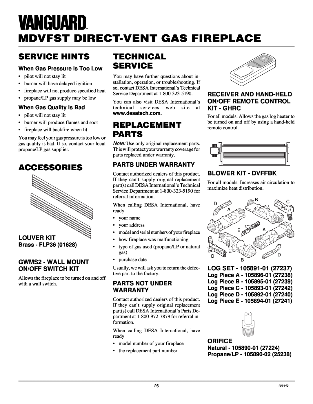 Desa MDVFST Service Hints, Technical Service, Replacement Parts, Accessories, Louver Kit, Parts Under Warranty, Log Set 