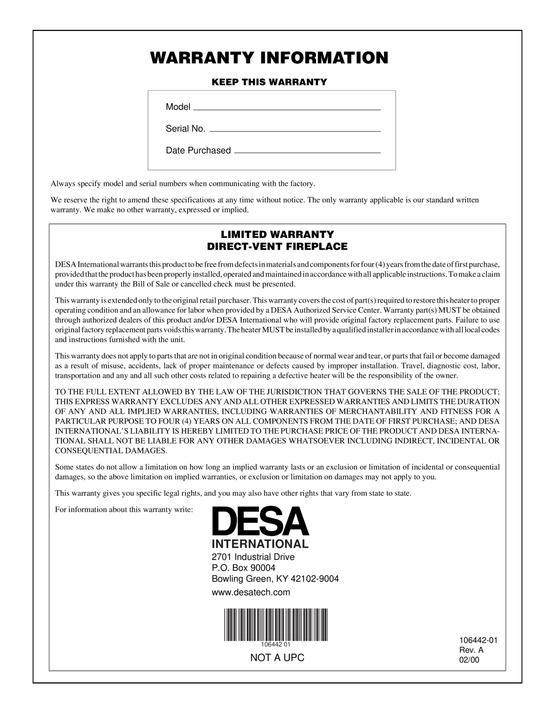 Desa MDVFST Limited Warranty Direct-Ventfireplace, Keep This Warranty, Warranty Information, International, Not A Upc 