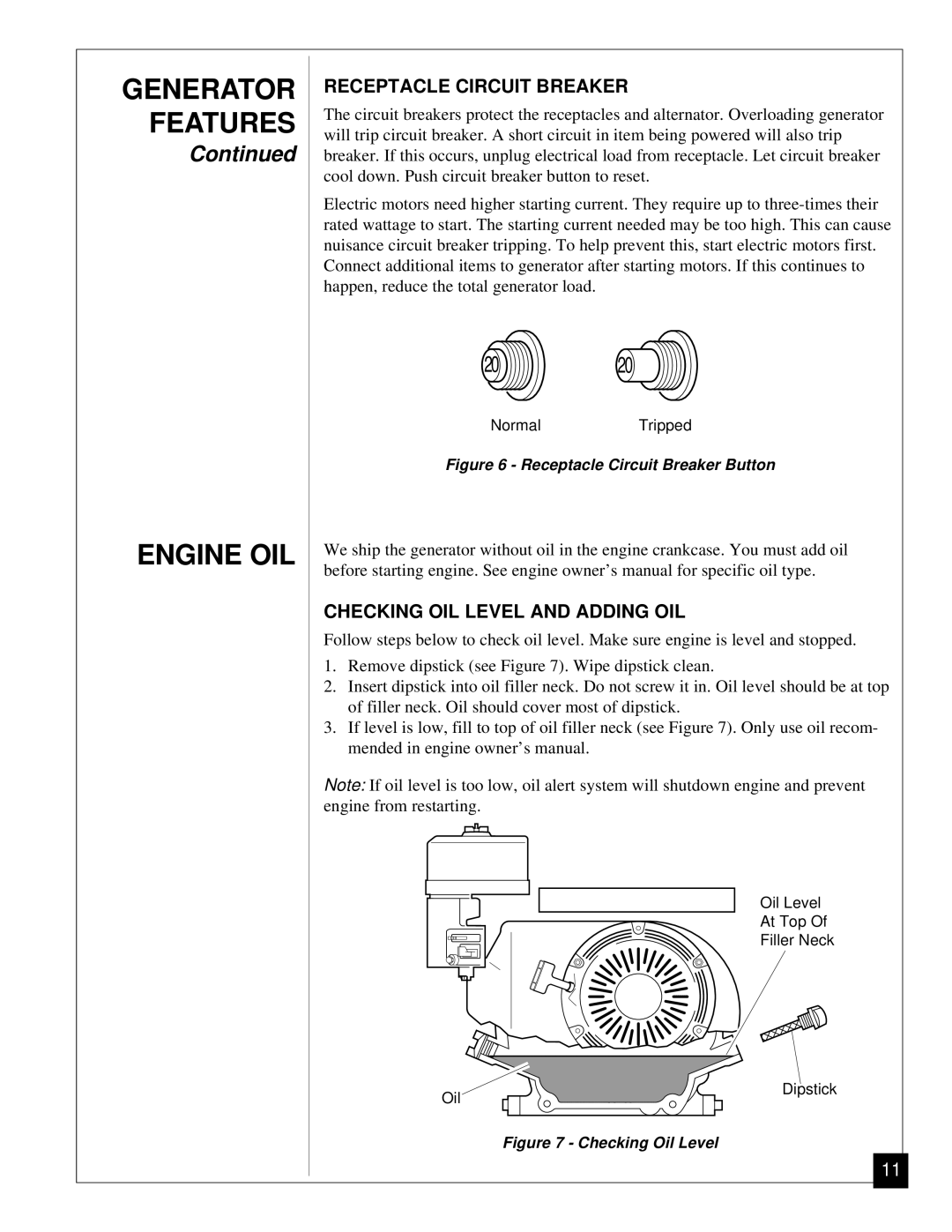 Desa Mgh3000, Mgh4000a, Mgh5000a, Mgh6000, Mgh7000 installation manual Engine OIL, Receptacle Circuit Breaker 