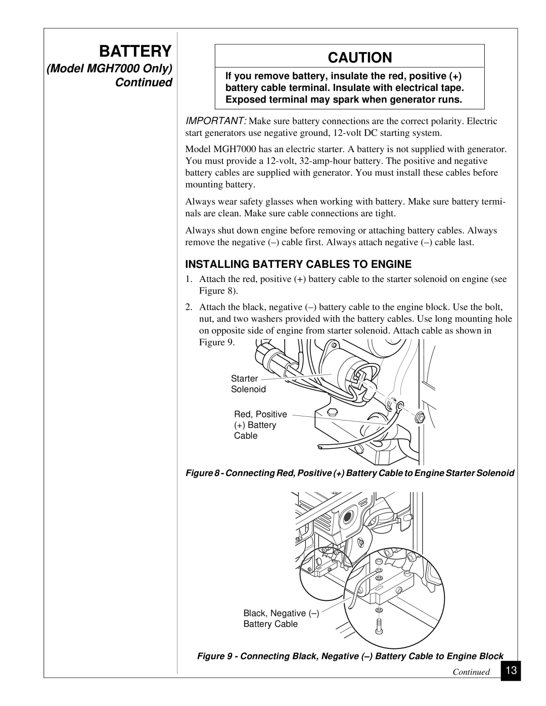 Desa Mgh3000, Mgh4000a, Mgh5000a, Mgh6000, Mgh7000 installation manual Installing Battery Cables to Engine 