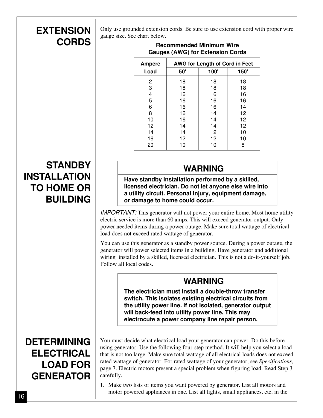 Desa Mgh3000, Mgh4000a, Mgh5000a, Mgh6000, Mgh7000 Extension Cords, Determining Electrical Load for Generator 