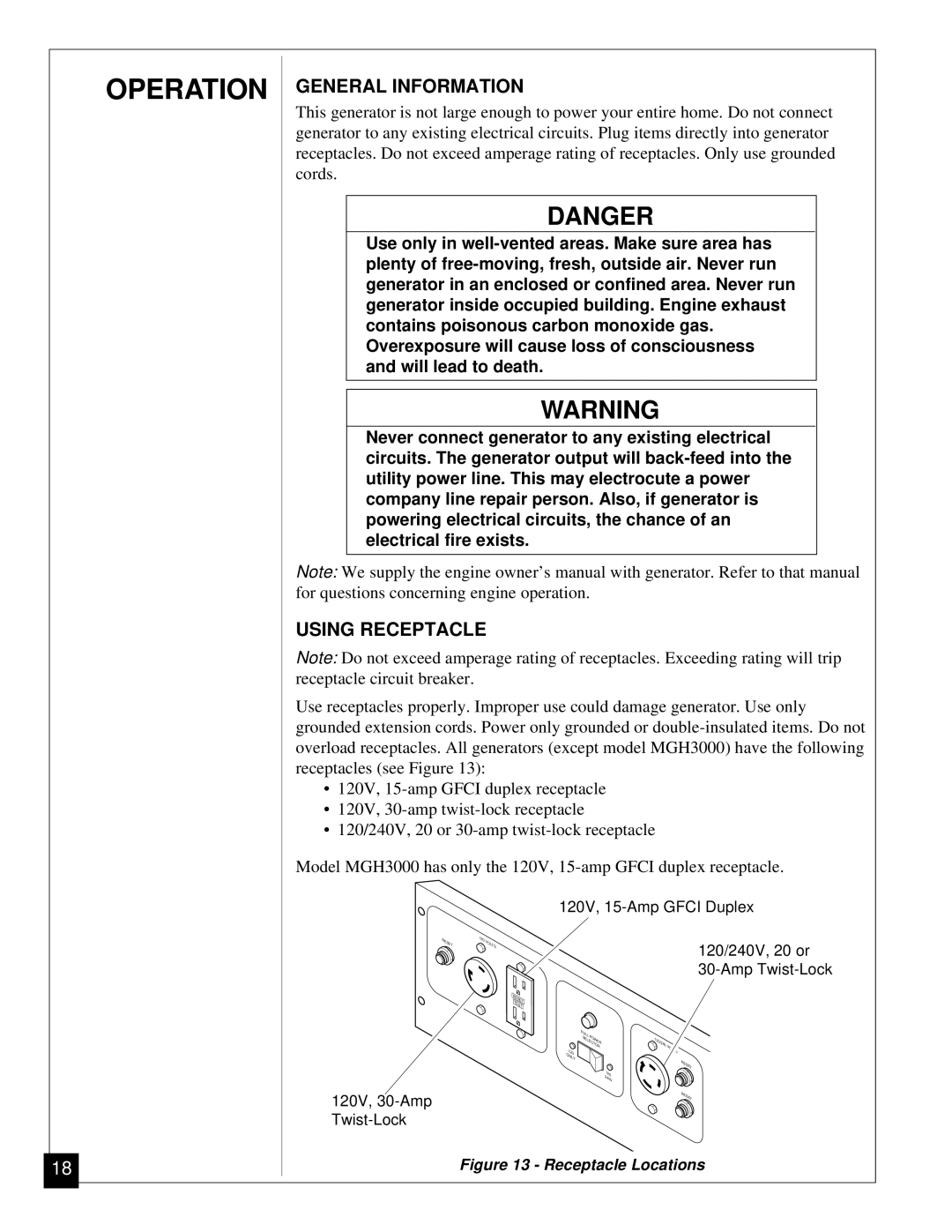 Desa Mgh3000, Mgh4000a, Mgh5000a, Mgh6000, Mgh7000 installation manual Operation, General Information, Using Receptacle 