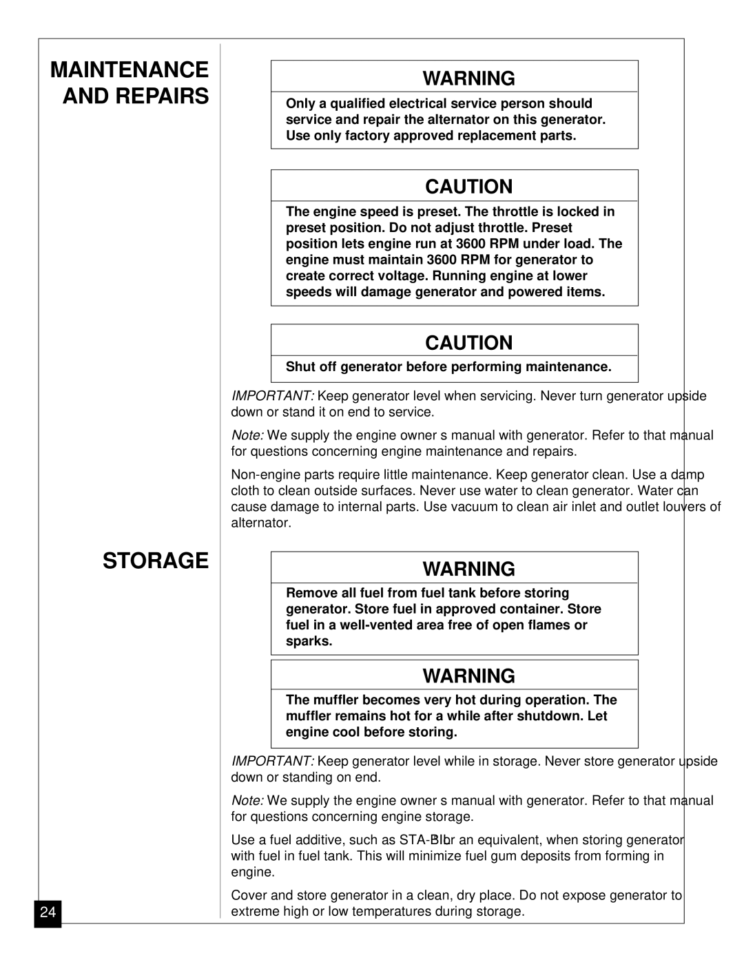 Desa Mgh3000, Mgh4000a, Mgh5000a, Mgh6000, Mgh7000 installation manual Maintenance and Repairs Storage 