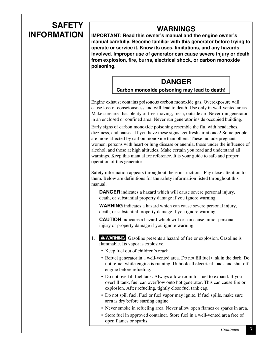 Desa Mgh3000, Mgh4000a, Mgh5000a, Mgh6000, Mgh7000 Safety Information, Carbon monoxide poisoning may lead to death 