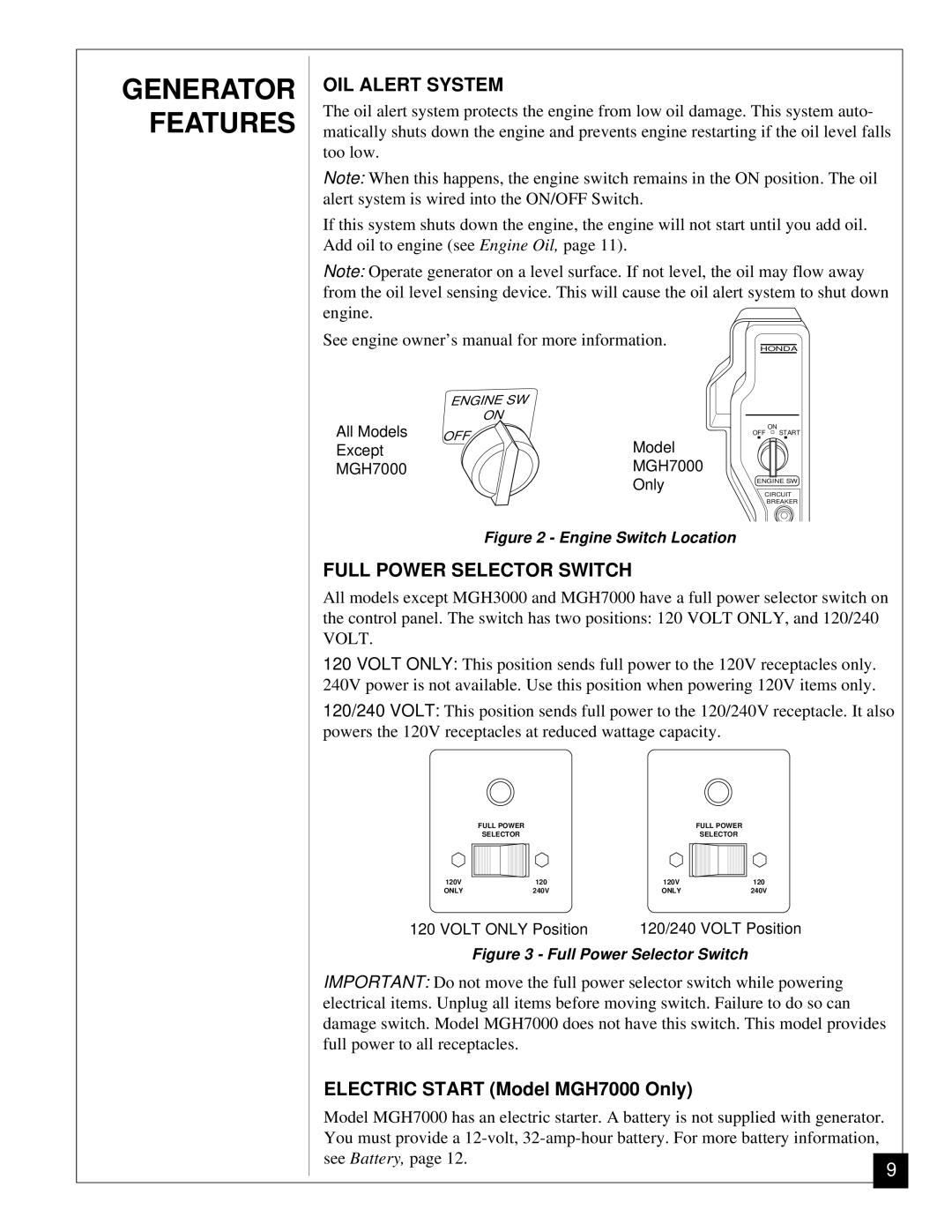 Desa Mgh3000, Mgh4000a, Mgh5000a, Mgh6000, Mgh7000 installation manual OIL Alert System, Full Power Selector Switch 