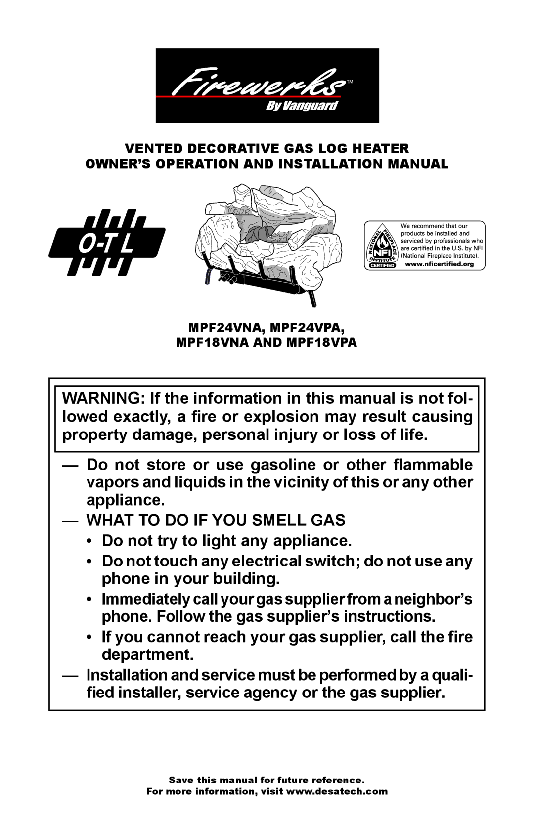 Desa installation manual What to do if YOU Smell GAS, MPF24VNA, MPF24VPA MPF18VNA and MPF18VPA 