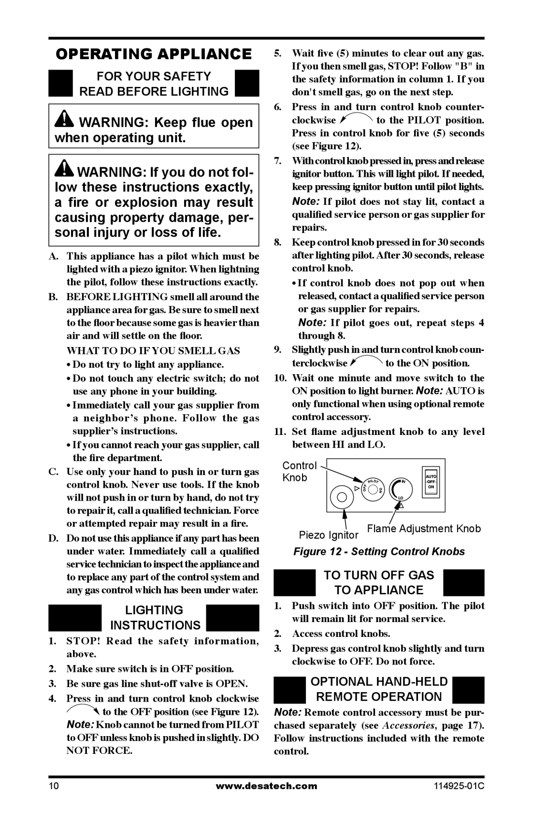 Desa MPF24VPA, MPF18VPA, MPF18VNA installation manual Operating Appliance 