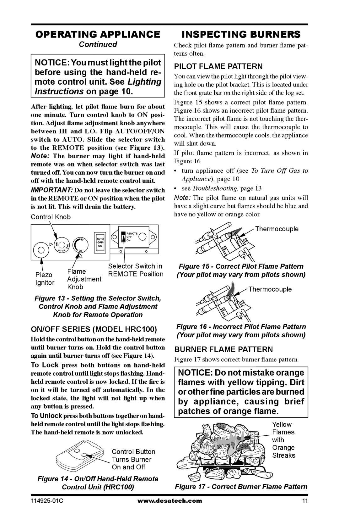 Desa MPF18VNA, MPF18VPA, MPF24VPA installation manual Inspecting Burners, Pilot Flame Pattern, ON/OFF Series Model HRC100 