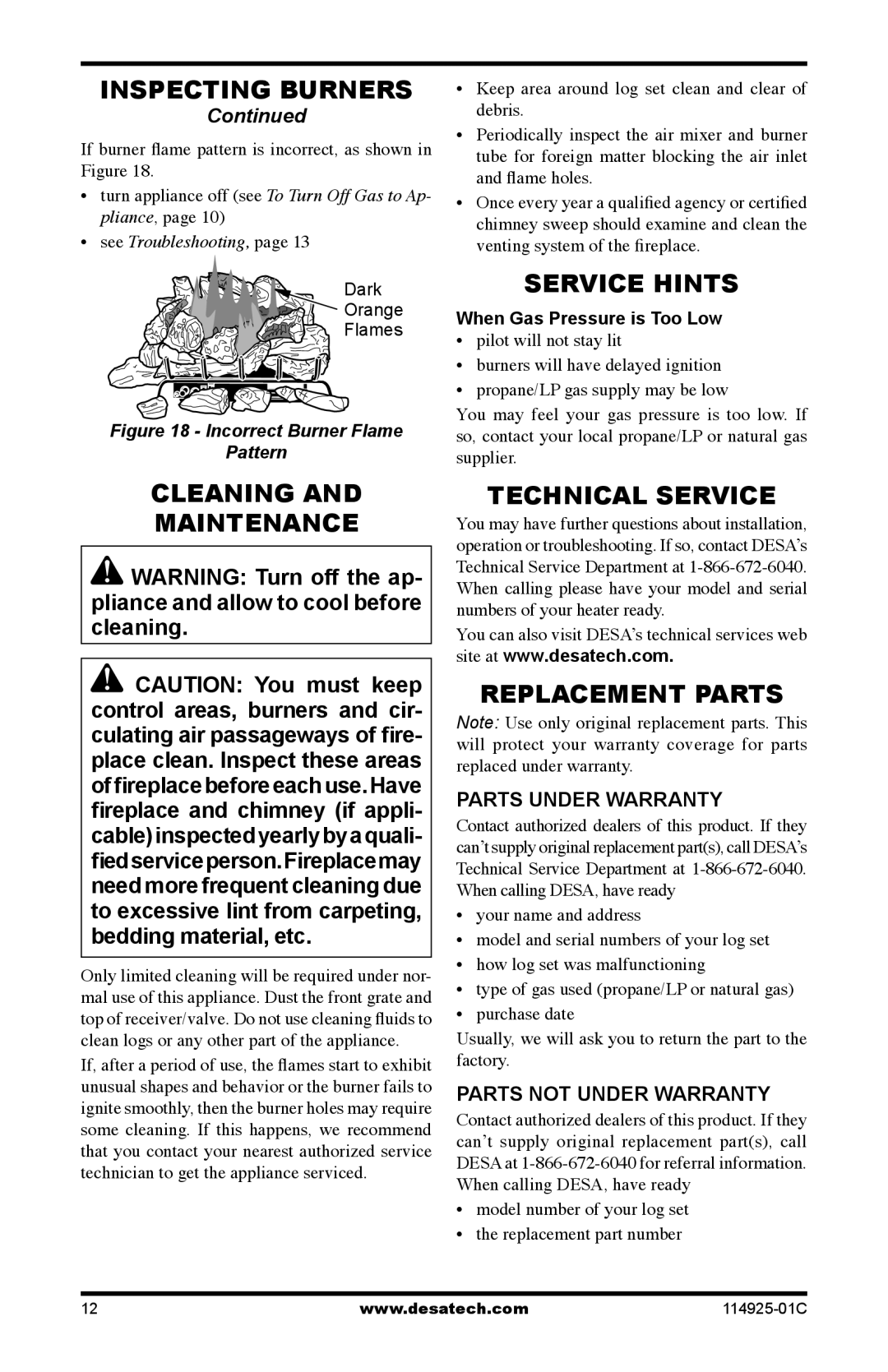 Desa MPF18VPA, MPF24VPA, MPF18VNA Service Hints, Cleaning Maintenance, Technical Service, Replacement Parts 