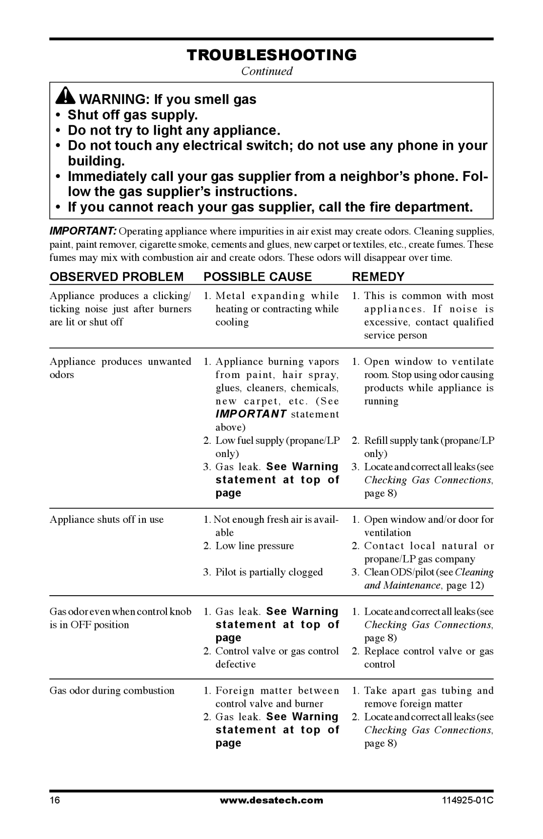 Desa MPF24VPA, MPF18VPA, MPF18VNA installation manual Statement at top, Gas leak. See Warning statement at top 