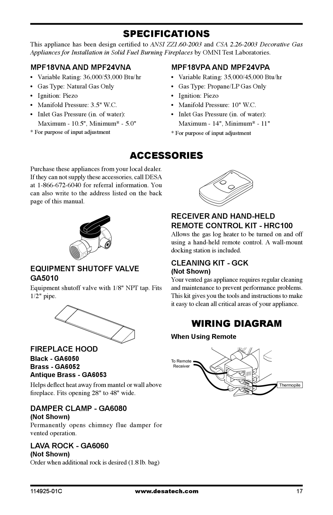 Desa MPF18VNA, MPF18VPA, MPF24VPA installation manual Specifications, Accessories, Wiring Diagram 