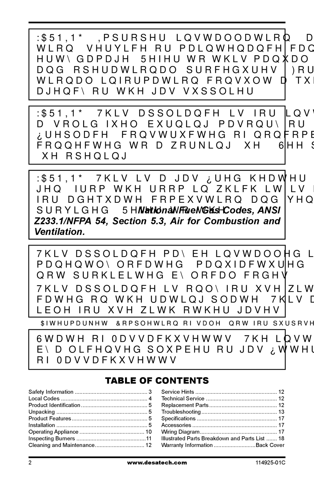 Desa MPF18VNA, MPF18VPA, MPF24VPA installation manual Table of Contents 