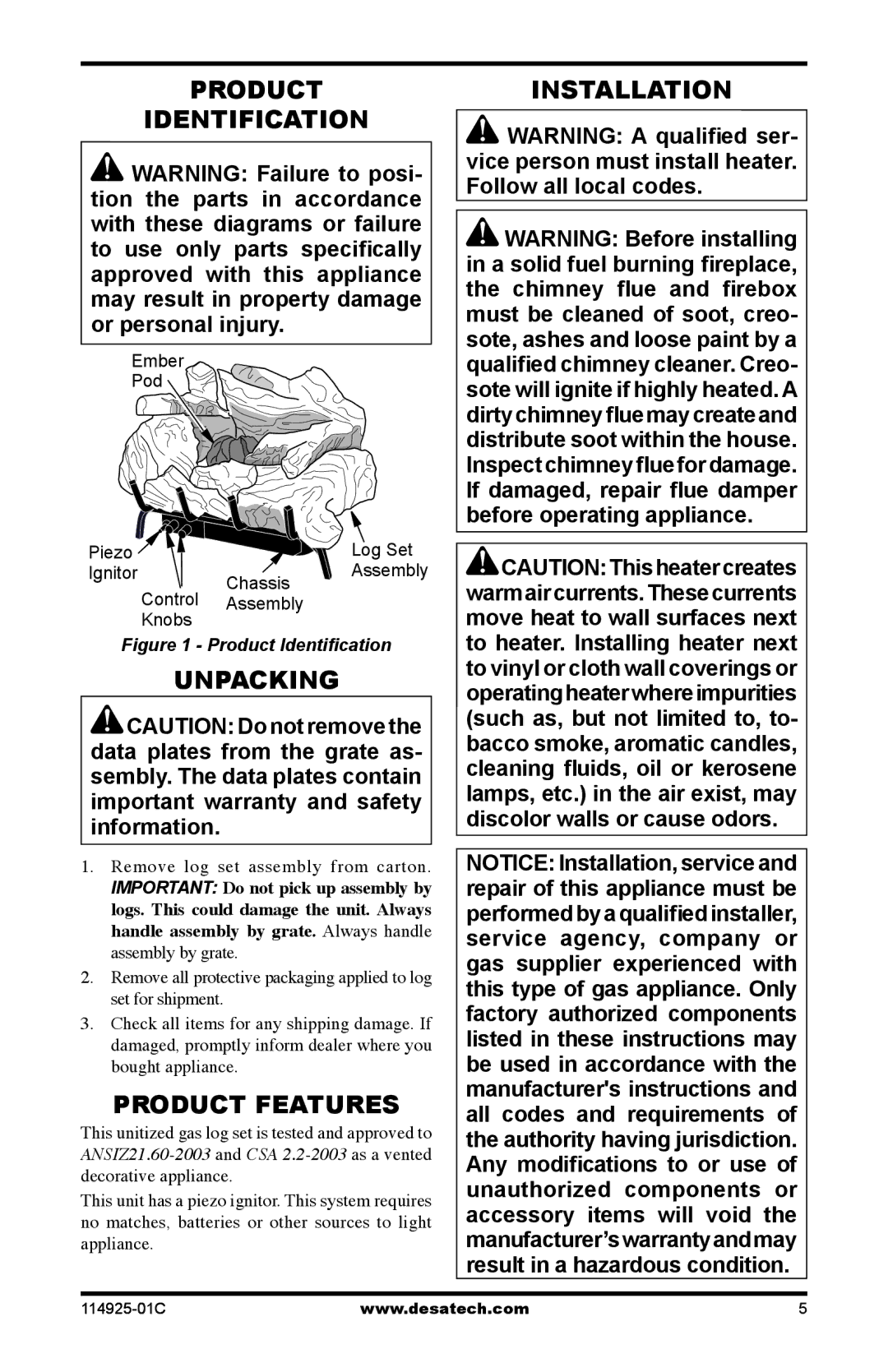 Desa MPF18VNA, MPF18VPA Product Identification, Product Features, Installation, Remove log set assembly from carton 