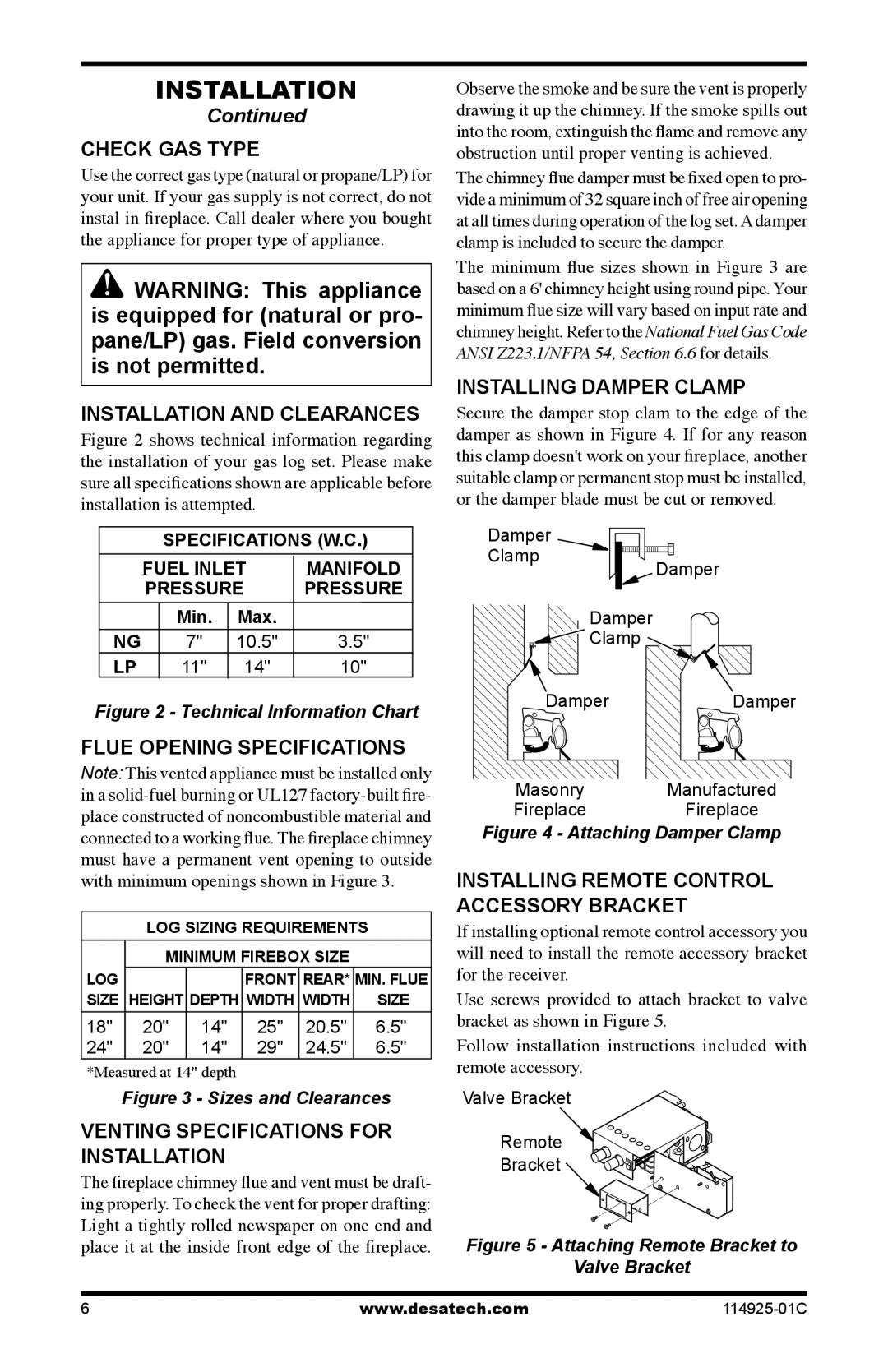 Desa MPF18VPA Check GAS Type, Installation and Clearances, Flue Opening Specifications, Venting Specifications for 