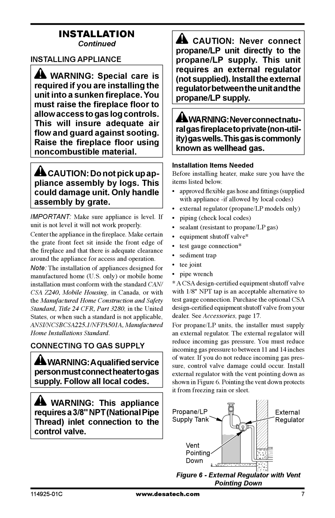 Desa MPF24VPA, MPF18VPA, MPF18VNA Installing Appliance, Connecting to GAS Supply, Installation Items Needed 