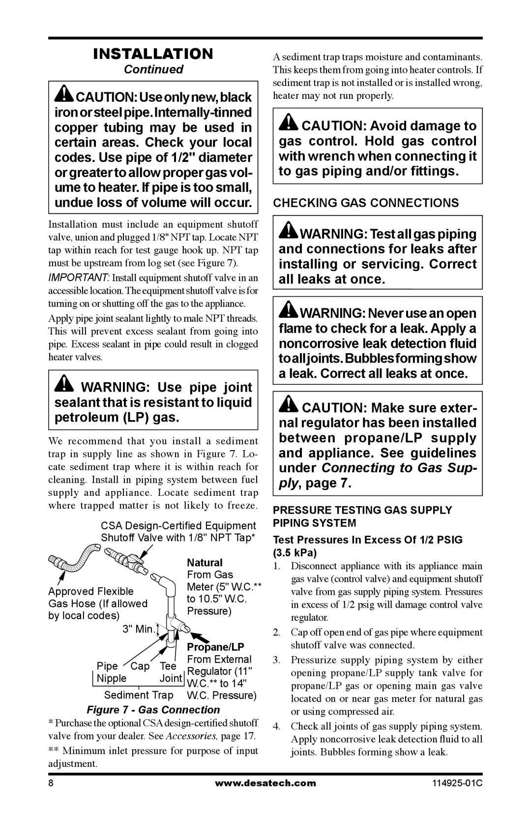 Desa MPF18VNA, MPF18VPA, MPF24VPA installation manual Checking GAS Connections, Test Pressures In Excess Of 1/2 Psig 3.5 kPa 