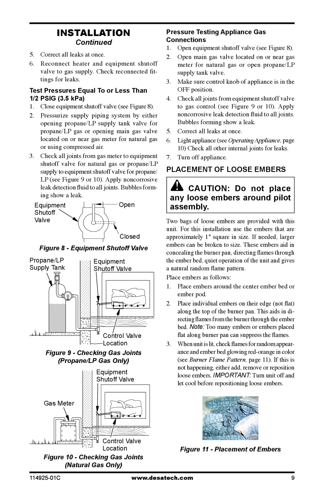 Desa MPF18VPA, MPF24VPA, MPF18VNA Placement of Loose Embers, Test Pressures Equal To or Less Than 1/2 Psig 3.5 kPa 