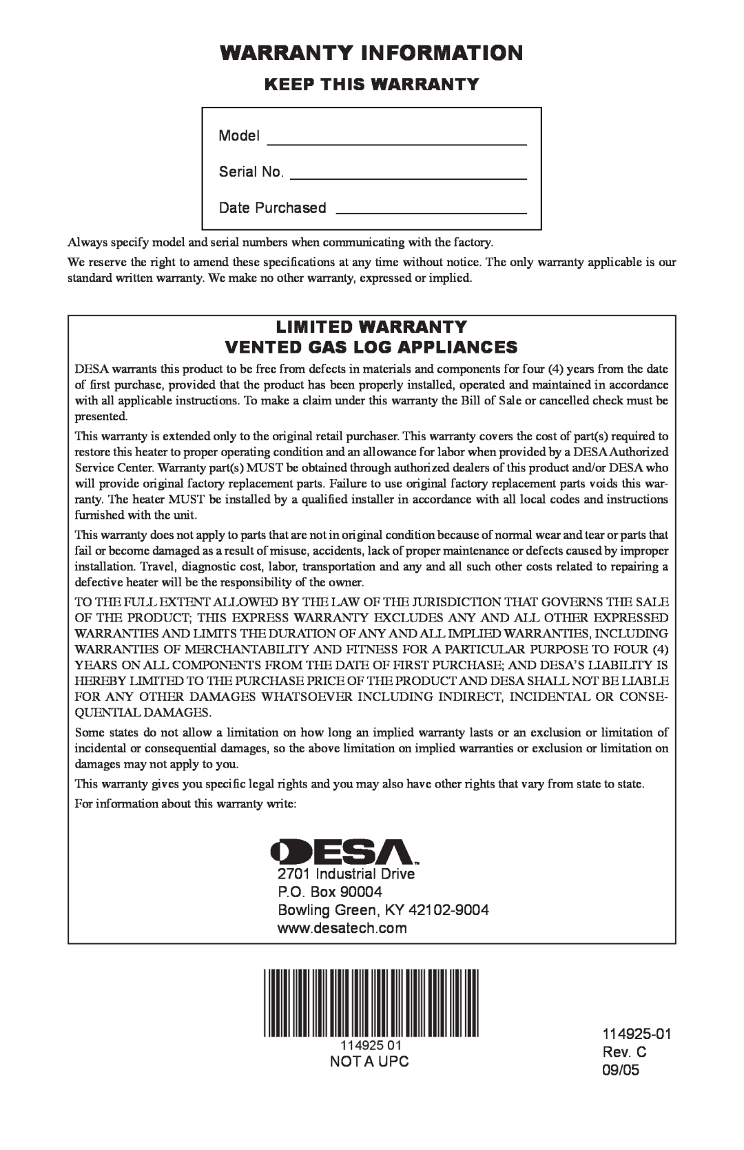 Desa MPF18VNA, MPF18VPA Warranty Information, Keep This Warranty, Limited Warranty Vented Gas Log Appliances, 114925-01 